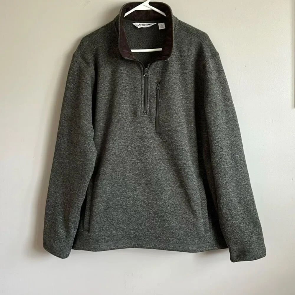 Lands'βEnd Mens Sweater Fleece Quarter Zip Pullover Sz XL Corduroy Collar Olive